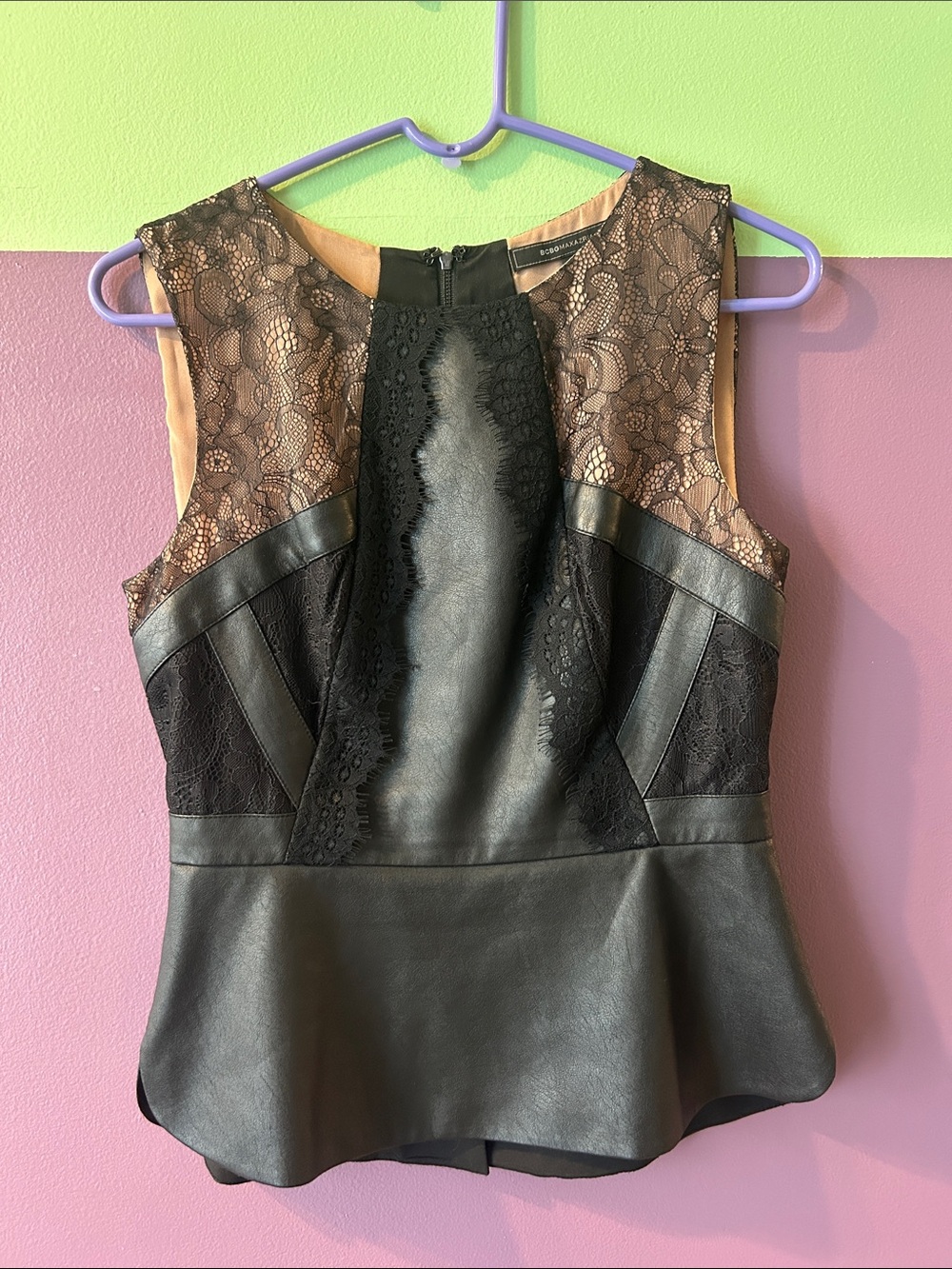 BCBGMaxAzria Black Lace and Faux Leather Peplum Tank